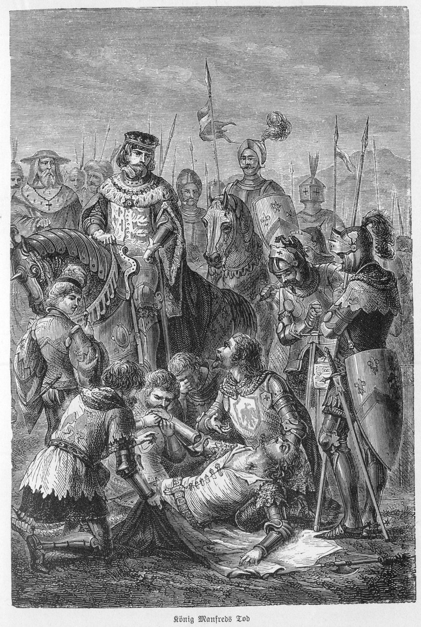 Manfred, Szicília királyának halála - 1266 - Manfred meghalt a csatában - Benevent csata (1266. február 26.): I. Manfréd (Hohenstaufen) halála alkotó: Unknown artist