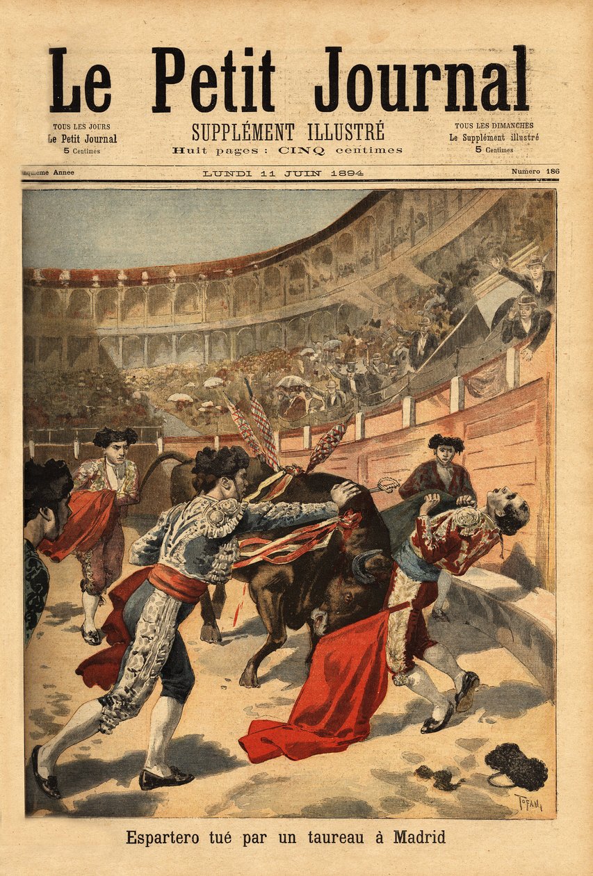 A spanyol matador, Manuel Garcia dit Espartero (1865-1894) meghalt Madrid arénáiban, a bika egy estokádja által. Metszet a „” Le petit Journal”-ban 1894.02.07. Selva gyűjteménye. alkotó: Unknown artist