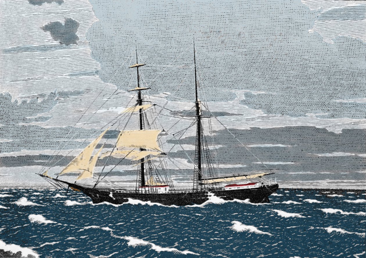 1872 decemberében Mary Celestét elhagyatottan találják az Atlanti-óceán közepén, az Acores-szigetek közelében. A kapitány, felesége és kétéves kislányuk, valamint a legénység nyolc tagja eltűnt. Metszet 19. század. alkotó: Unknown artist