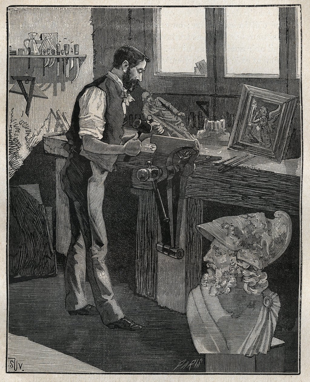Ezüsttárgyak díszítése: bronz véső. Metszet 1885-ből Adolphe BITARD „Les arts et metiers illustres” című könyvében. alkotó: Unknown artist