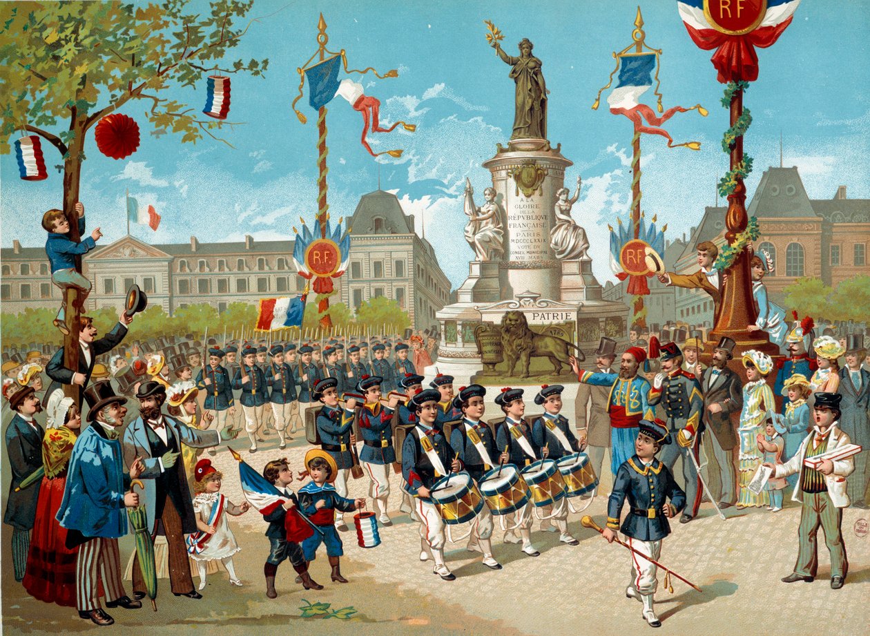 Beszennyezni az iskolazászlóaljak gyermekeit a Place de la Republique-n 1883. július 14-én Párizsban. századi Párizs litográfiája, Musee Carnavalet alkotó: Unknown artist