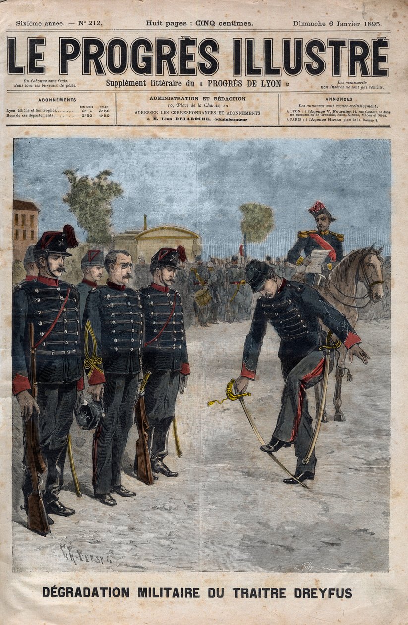 Alfred Dreyfus leépülése – Dreyfus-ügy: Alfred Dreyfus leépülése a Katonai Iskola udvarán, Párizs, 1895. január 5. – Metszet az 1895. évi „The illustrious progress”-ba – alkotó: Unknown artist