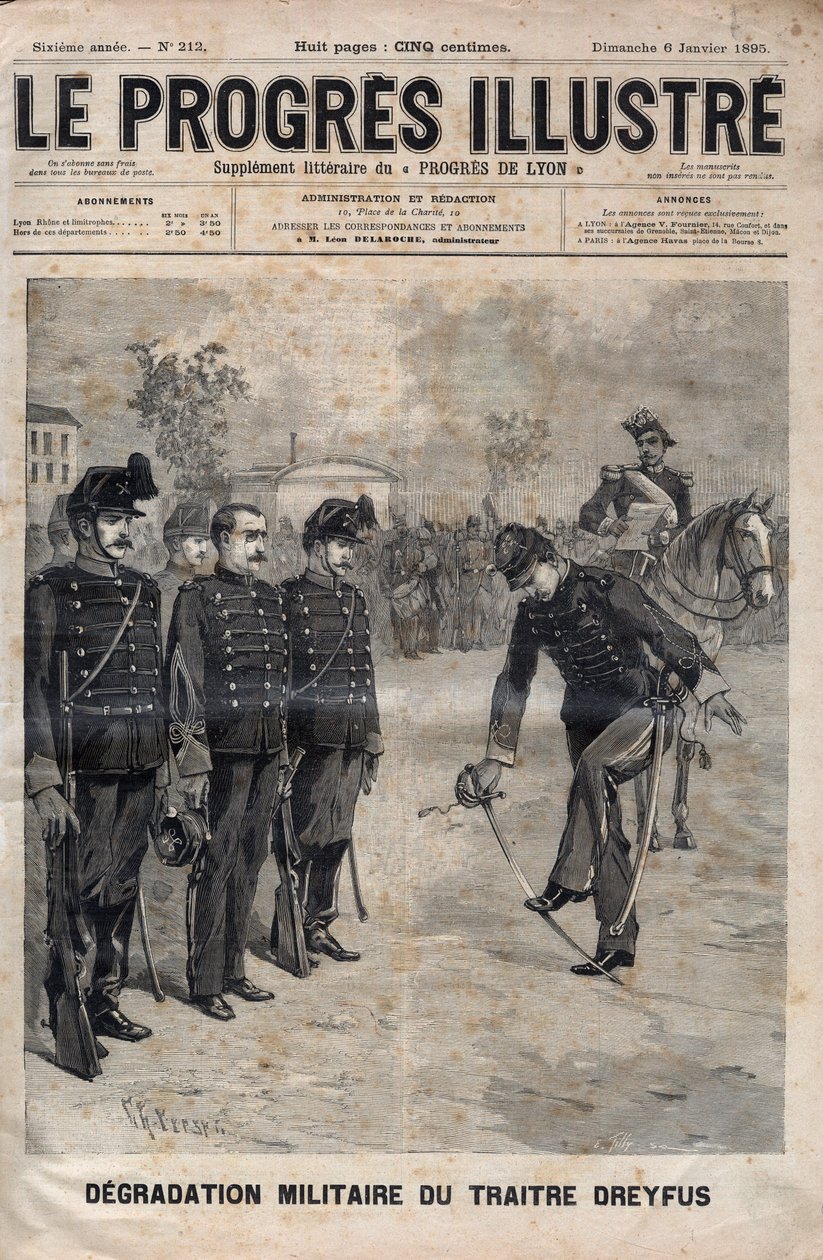 Alfred Dreyfus leépülése – Dreyfus-ügy: Alfred Dreyfus leépülése a Katonai Iskola udvarán, Párizs, 1895. január 5. – Metszet az 1895. évi „The illustrious progress”-ba – alkotó: Unknown artist
