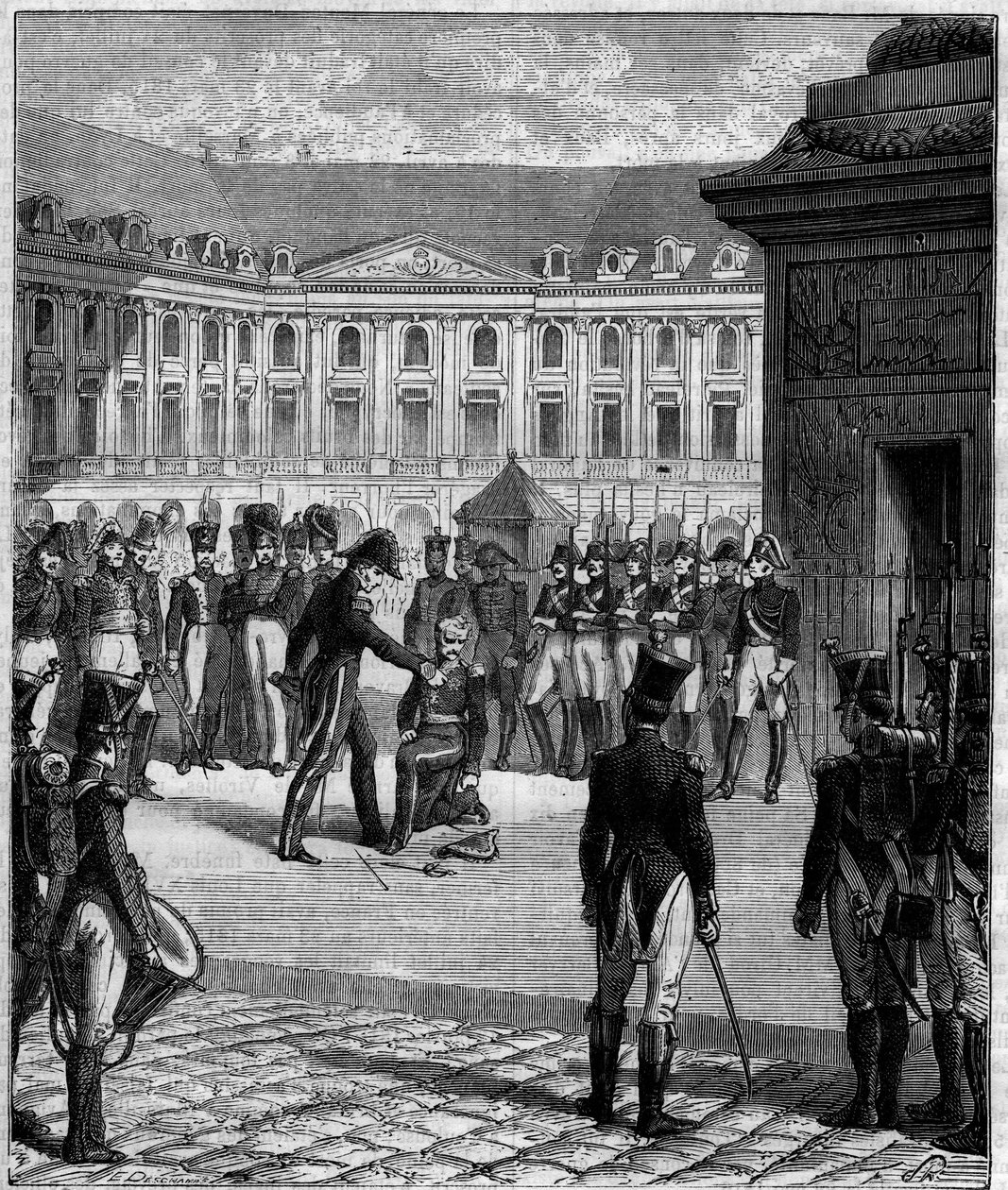 Bonnaire tábornok, a birodalom egykori katonájának lefokozása, akit XVIII. Lajos vezérkari főnökének 1816. június 8-án a párizsi Vendome-oszlop (Place Vendome) tövében bekövetkezett véletlen halála miatt ítéltek el. alkotó: Unknown artist