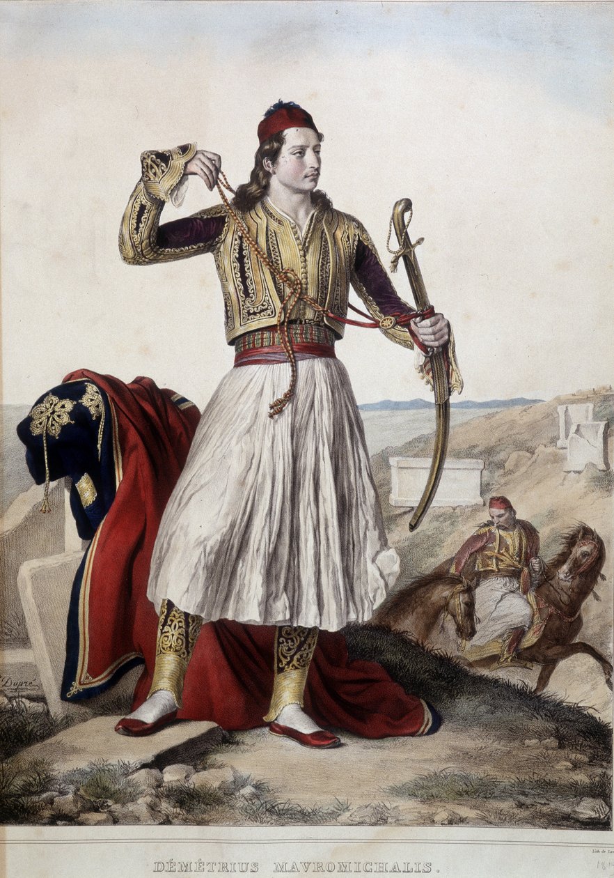Demetrius Mavromichalis hagyományos lovas viseletben - litográfia alkotó: Unknown artist