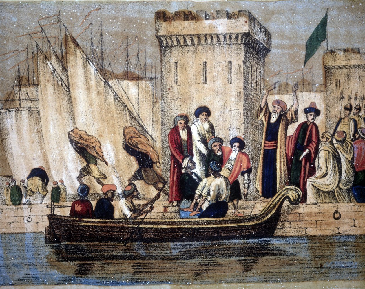 A franciák gyarmatosítása nyomán Algír mórjainak indulása, Egy öreg vagy beteg embert csónakra raknak. 19. század alkotó: Unknown artist