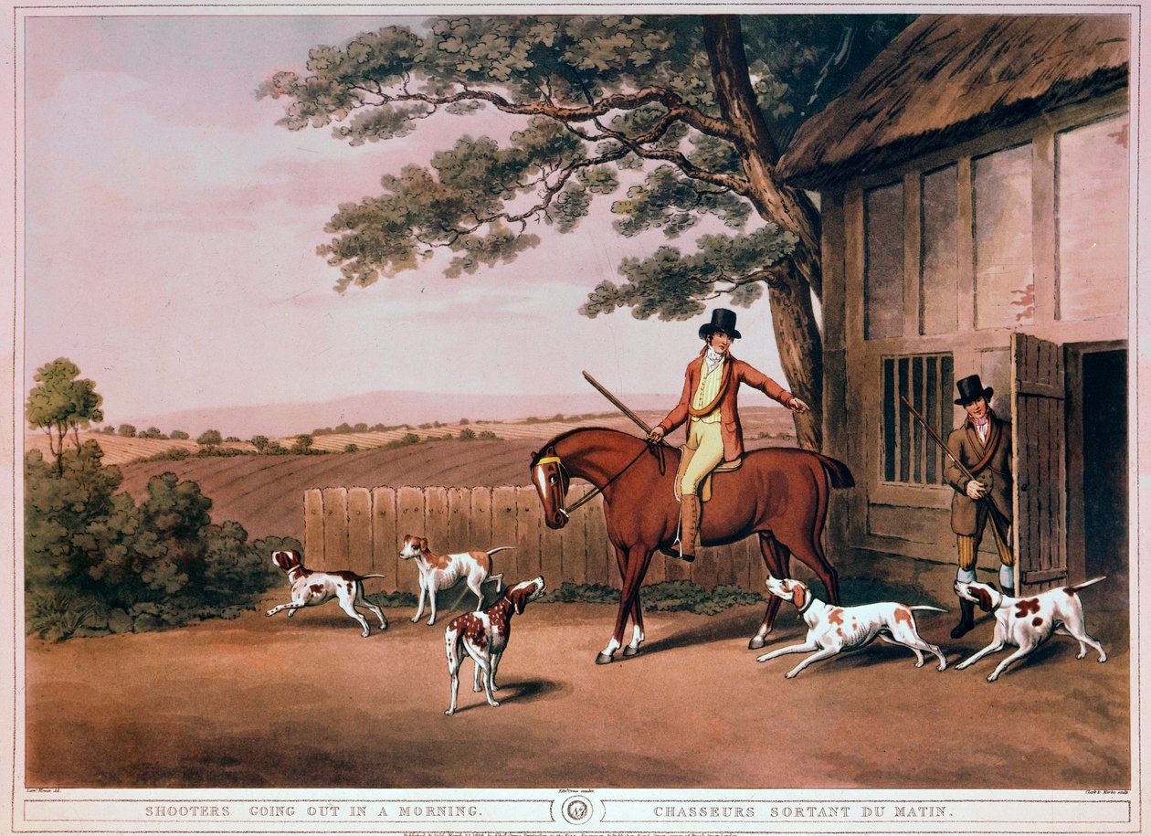 Kora reggel vadászni indult egy vadász és kutyái Angliába. századi metszet. Gien, vadászati múzeum alkotó: Unknown artist