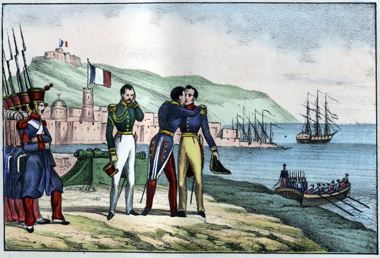 Louis Auguste, Bourmont (Maréchal de Bourmont) gróf (1773-1846) indulása Algériából 1830. in „”L’Algerie vieille et moderne”” Léon Galibert. Olasz kiadás 1846 színes. alkotó: Unknown artist