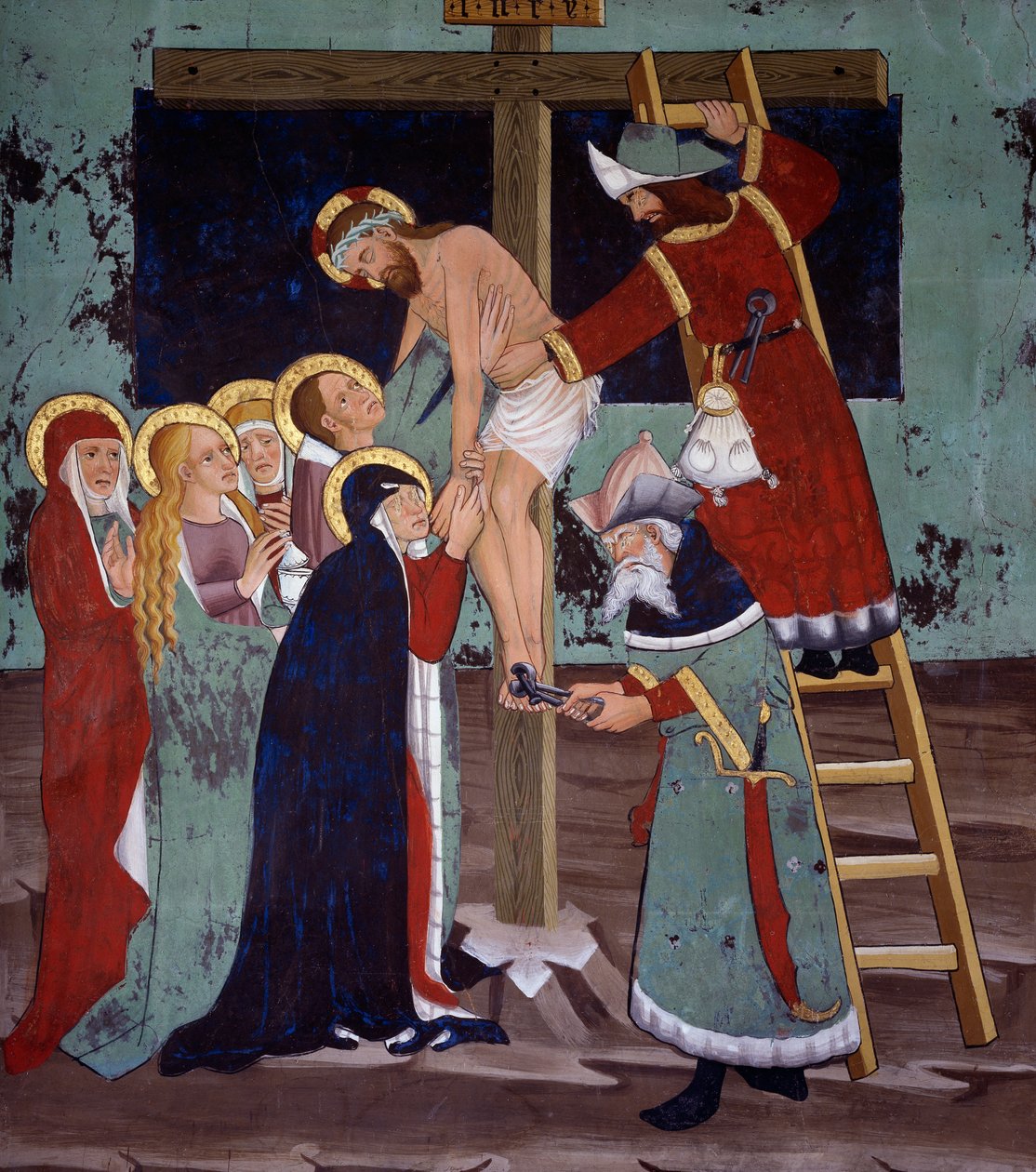 Lerakódás, Krisztus élete (15. század), freskók, Szent Sebastian-kápolna, Villard-de-Lans, Rhône-Alpes, Franciaország. alkotó: Unknown artist
