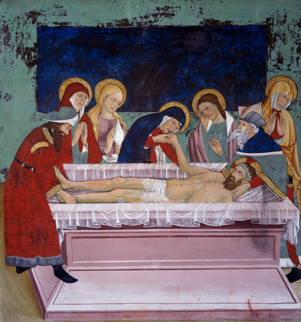 Lerakódás a sírban, Krisztus élete (15. század), freskók, Szent Sebestyén-kápolna, Villard-de-Lans, Rhône-Alpes, Franciaország. alkotó: Unknown artist