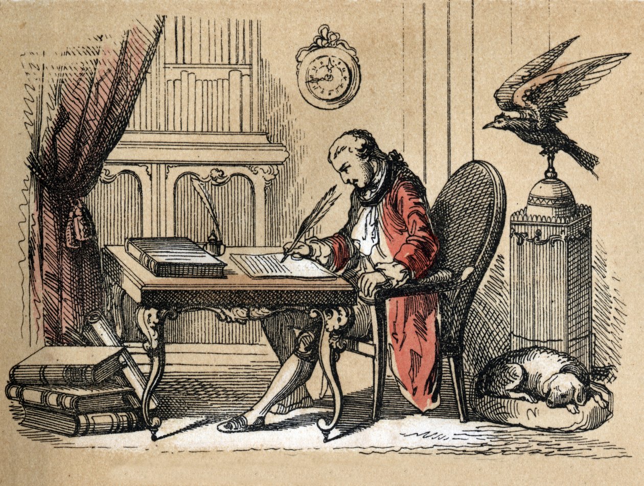 Különböző termékek és papírfelhasználások leírása: Georges Louis Leclerc, Buffon grófjának, természettudósnak és írónak (1707-1788) portréja, aki természetrajzát írja. "" Le papier et ses produits"" tányér in "" les Recreations instructives"" Synoptique pa alkotó: Unknown artist