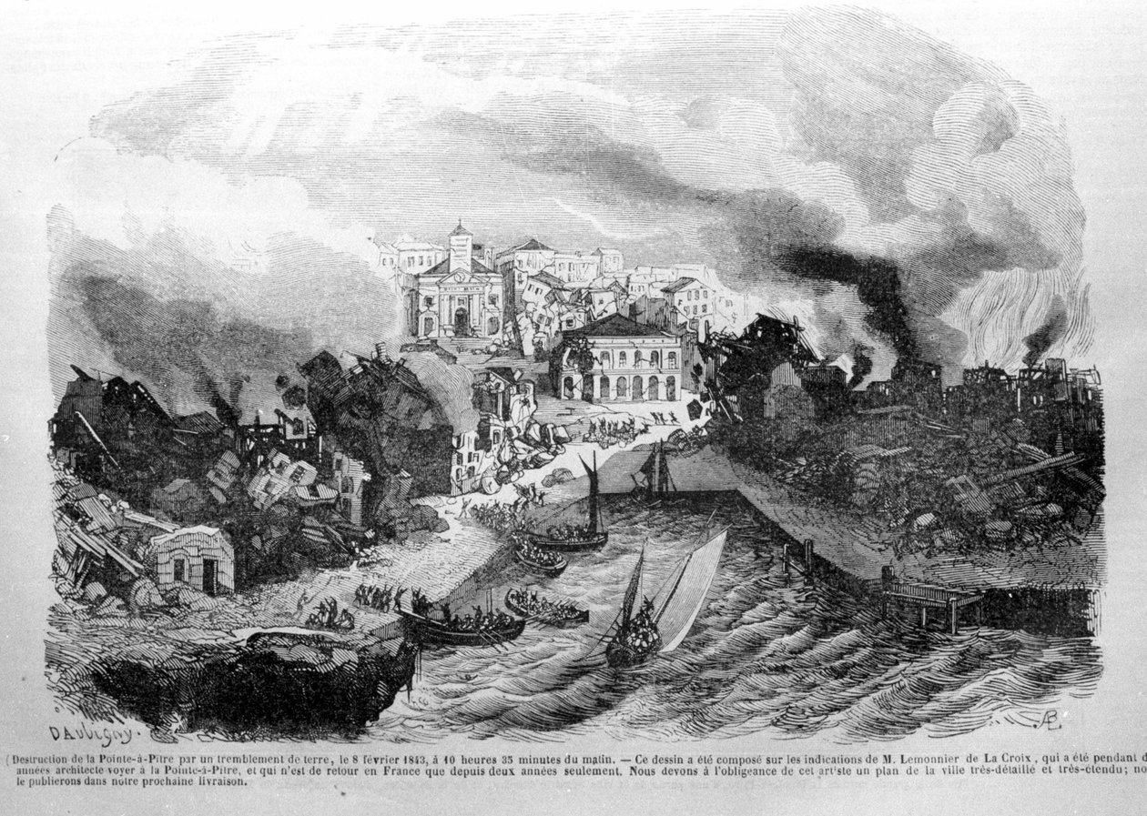 Pointe à Pitre (Guadeloupe) földrengés pusztítása 1843.02.08-án. Metszet 1843. alkotó: Unknown artist