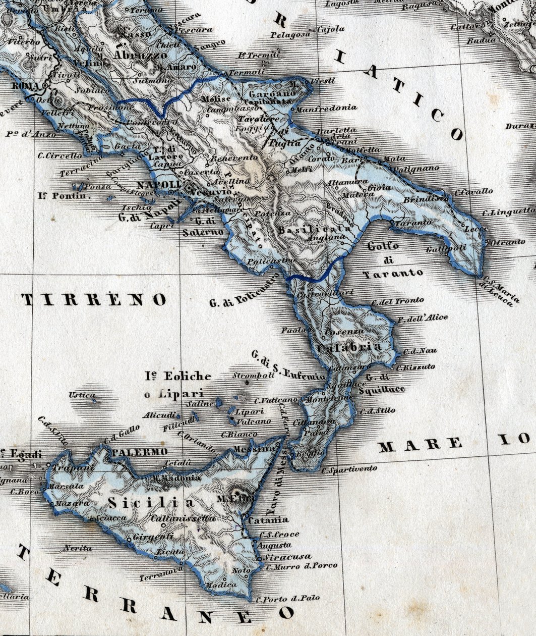 Dél-Olaszországot (Campania, Calabria, Szicília, Puglia, Molise Abruzzo régiók) ábrázoló földrajzi térkép részlete. 19. század alkotó: Unknown artist