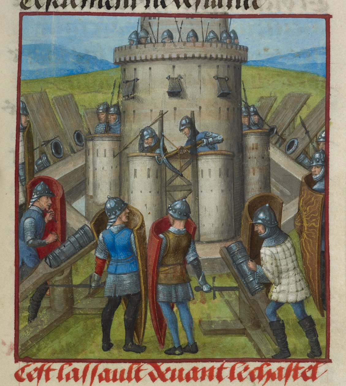 A kastély elleni támadást ábrázoló miniatűr részlete a „Le Roman de la Rose” című filmből alkotó: Unknown artist