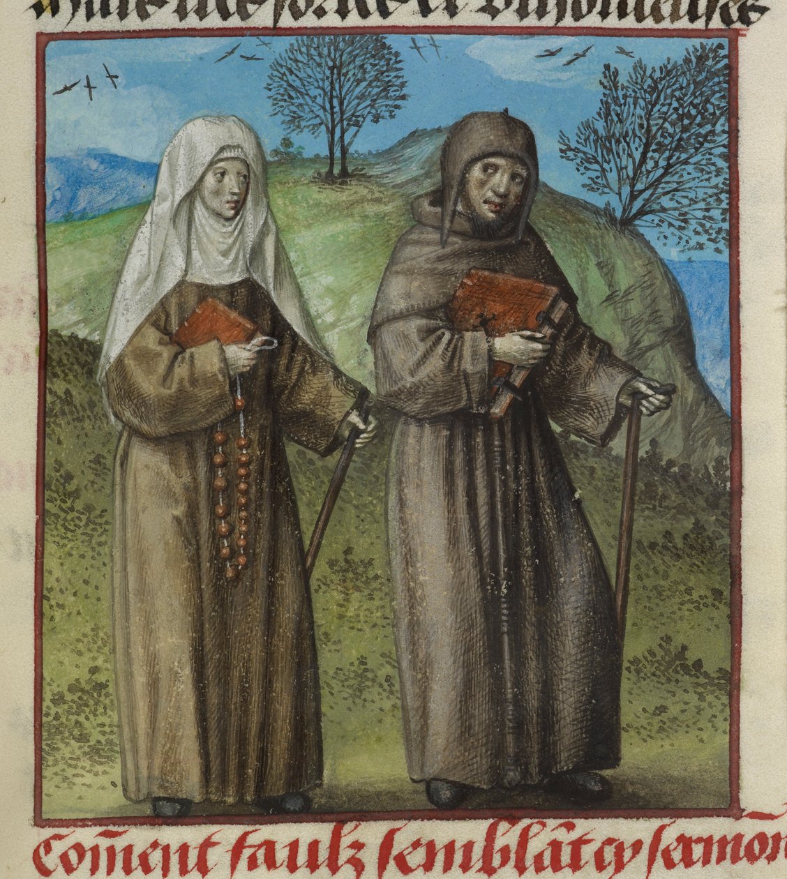 Részlet az Absztinencia Contrainte (kényszer absztinencia) és a Faux Semblant (hamisnak tűnő) miniatúrájáról, amint Malebouche (Gonosz nyelv) megtekintésére tartanak, a „Le Roman de la Rose”-ból alkotó: Unknown artist