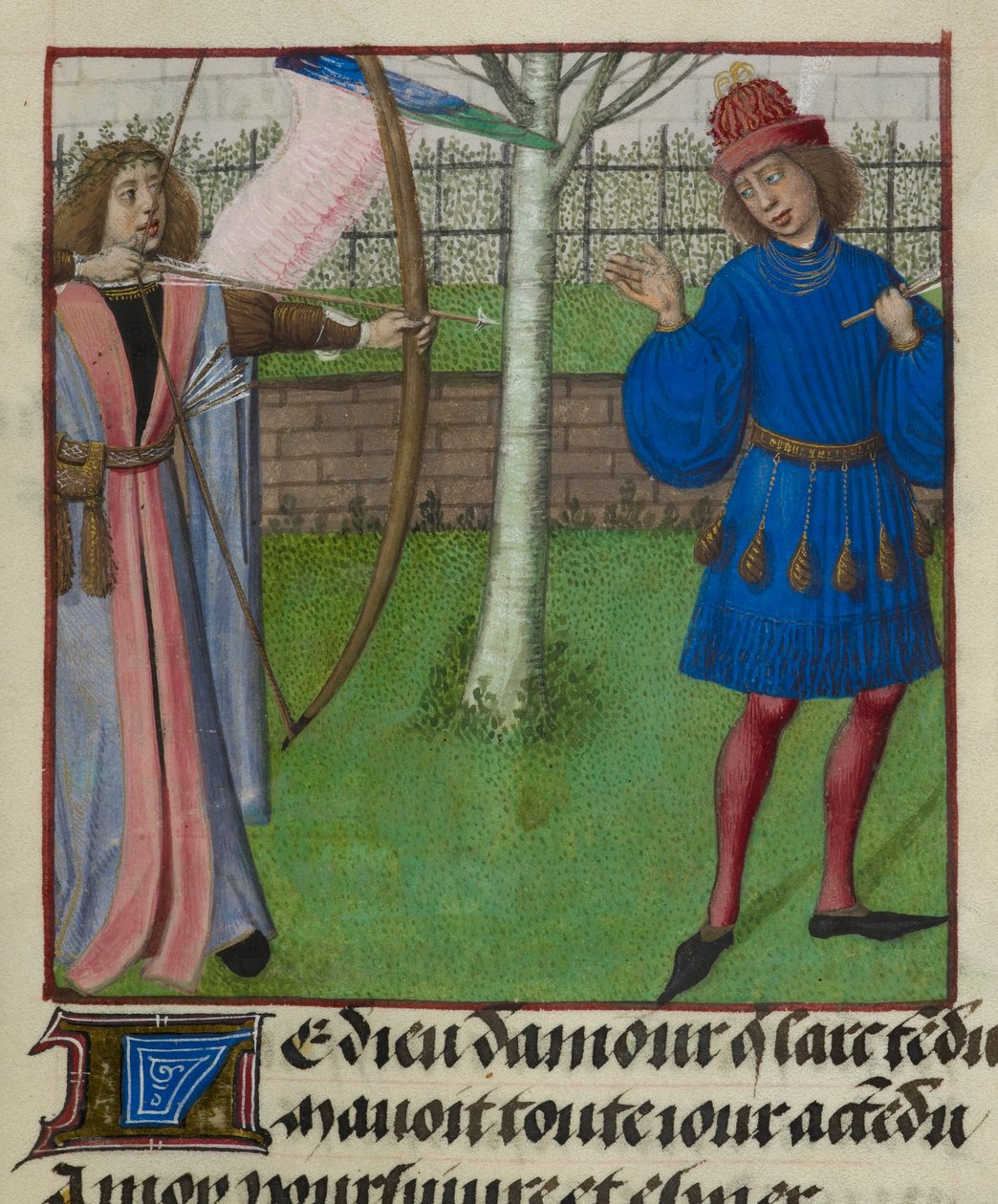Részlet az Amour (Szerelem) miniatúrájáról, amely a szeretőt célozza meg íjjal és nyíllal, a „Le Roman de la Rose”-ból alkotó: Unknown artist