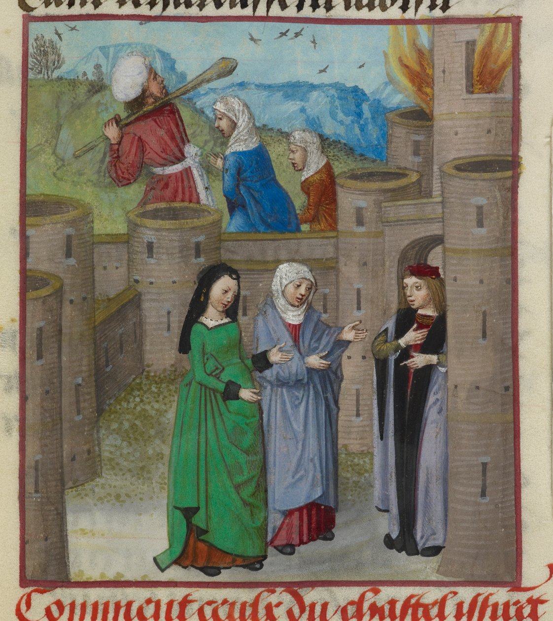 Részlet a Danger miniatúrájáról és más allegorikus alakokról, akik lángokban menekülnek a kastélyból, a „Le Roman de la Rose”-ból alkotó: Unknown artist