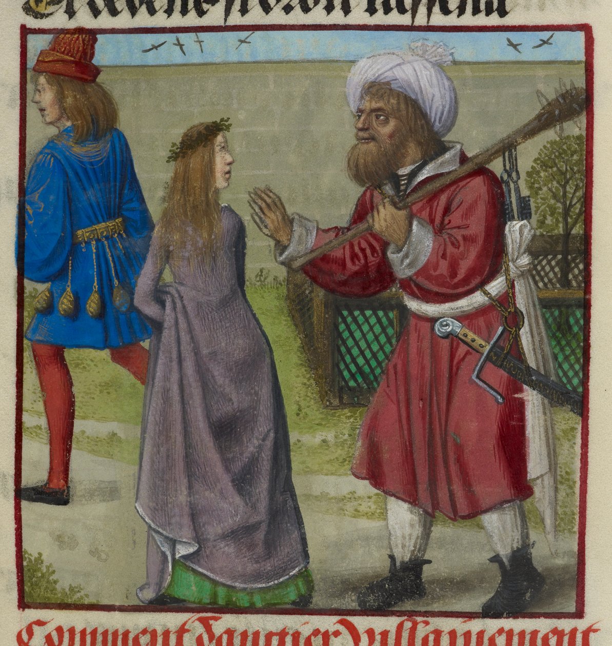 Részlet a Veszély miniatúrájáról, amely kiűzi a szeretőt és Bel Accueilt (tisztességes üdvözlet) a kertből, a „Le Roman de la Rose”-ból alkotó: Unknown artist