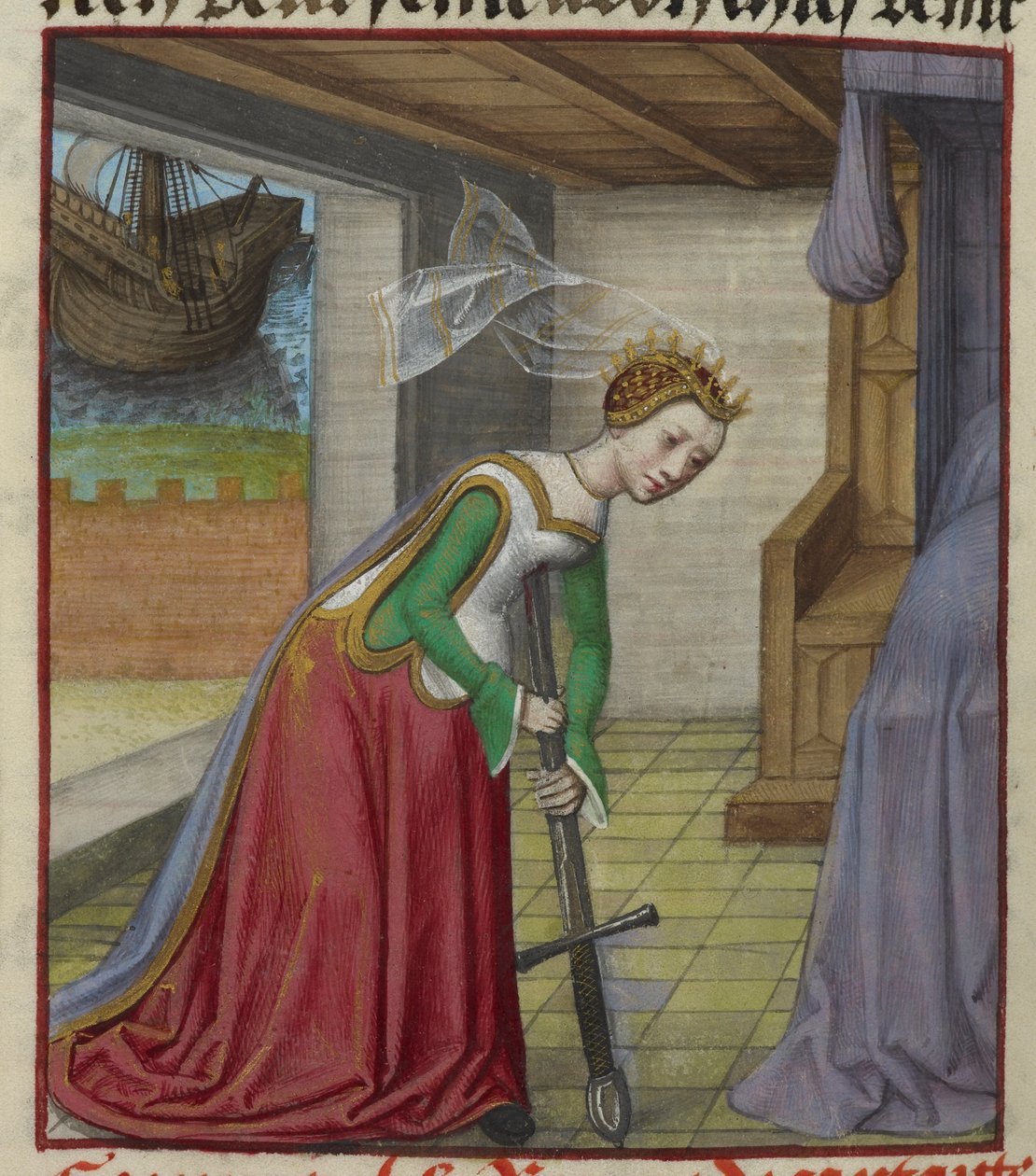 Részlet egy miniatűrről, amelyben Dido kardjára zuhan, és öngyilkos lett Aeneas árulása után, a „Le Roman de la Rose”-ból alkotó: Unknown artist