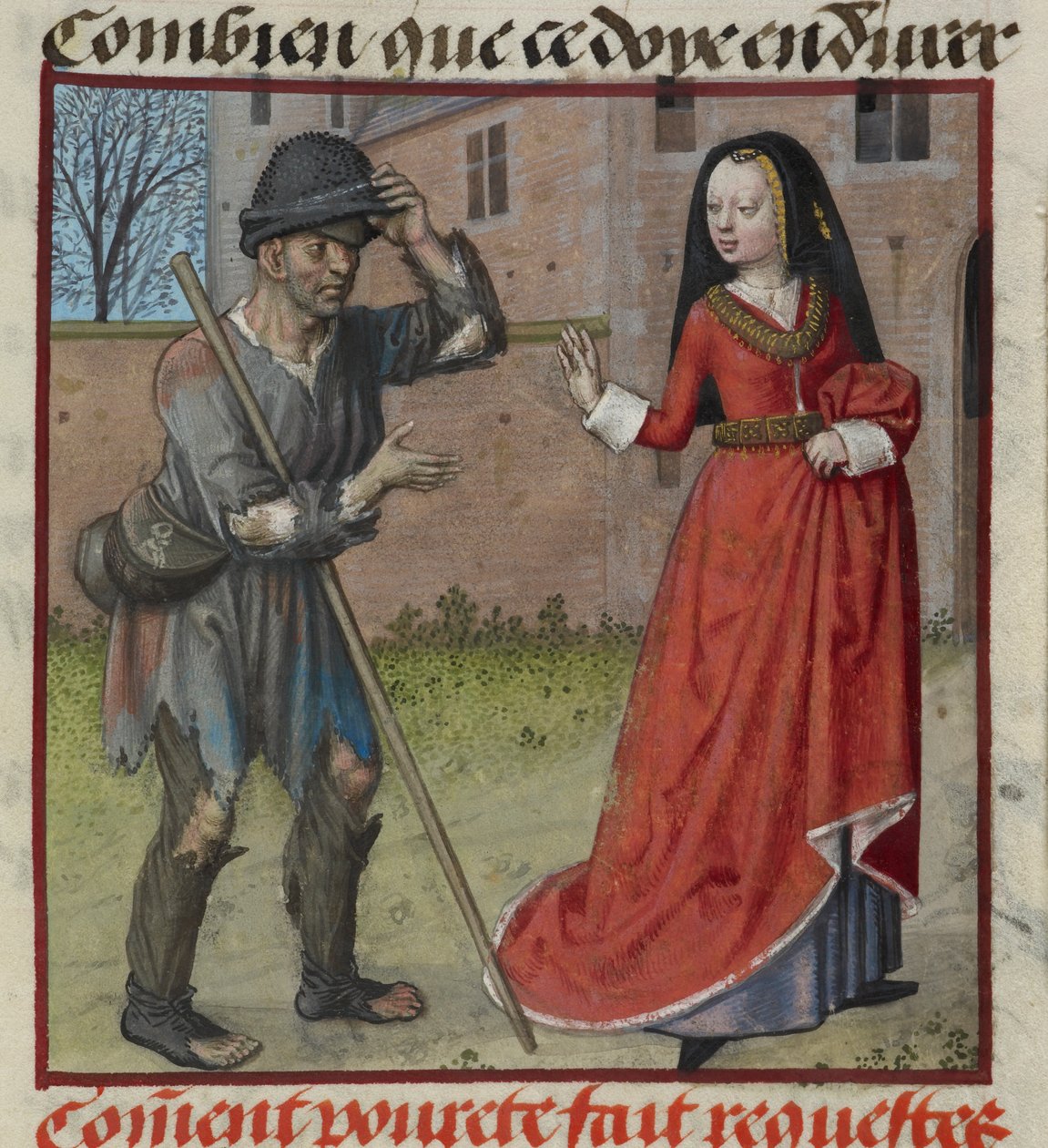 Részlet a Richessétől (vagyon) kolduló Pauvrete (szegénység) miniatúrájáról a „Le Roman de la Rose”-ból alkotó: Unknown artist