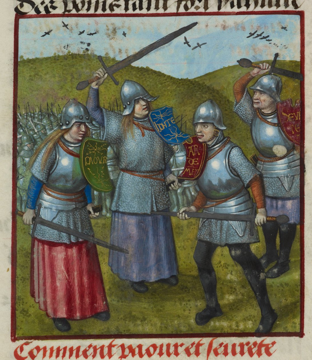 Részlet egy miniatűr Peur, Honte és más allegóriák harcáról. Férfiak és nők páncélban, harcban, a „Le Roman de la Rose”-ból alkotó: Unknown artist