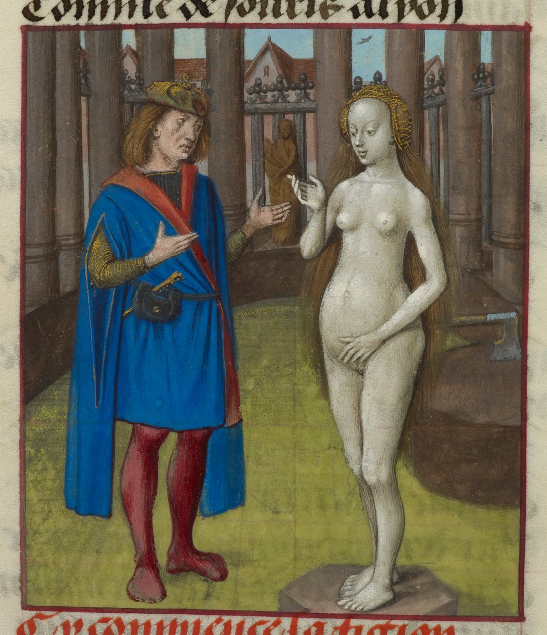 Részlet Pygmalion miniatúrájáról és a szoborról. alkotó: Unknown artist