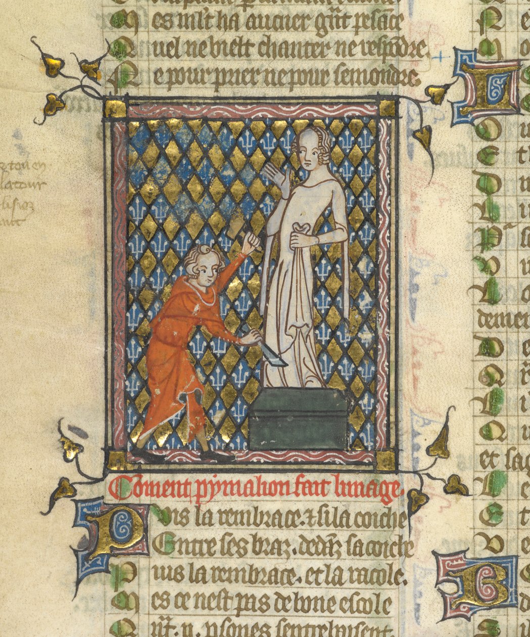 Részlet Pygmalion miniatúrájáról a szobor előtt, a „Le Roman de la Rose”-ból, 1380 körül (miniatűr) alkotó: Unknown artist
