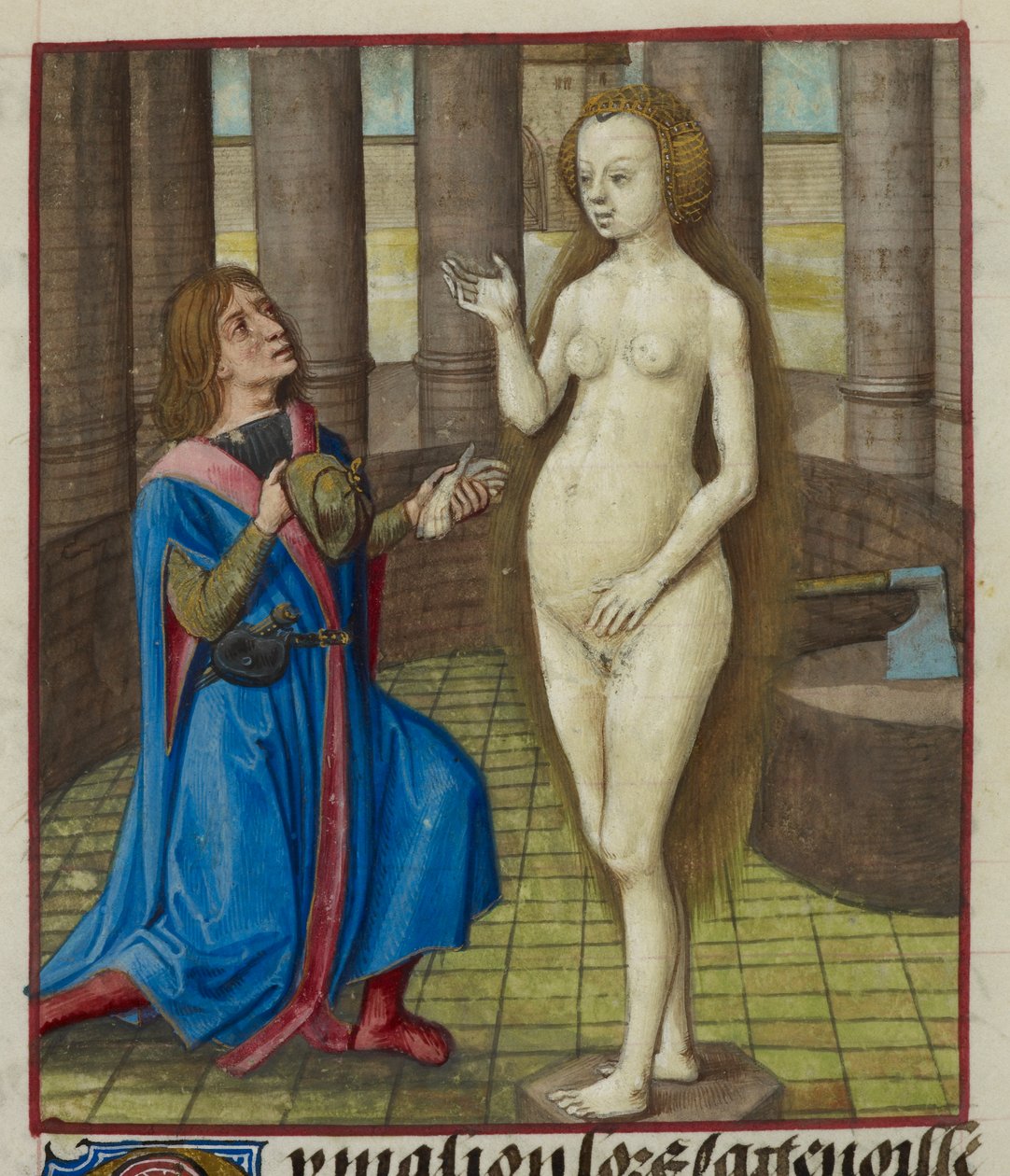 Részlet a térdén álló Pygmalion miniatúrájáról, aki bocsánatot kér a szobortól. alkotó: Unknown artist