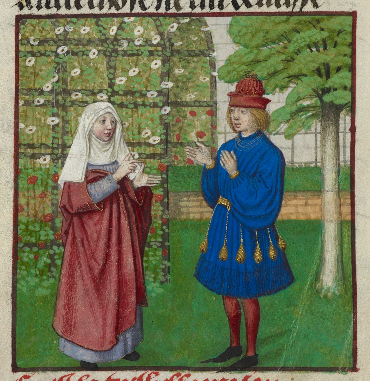 Részlet a szerelmesnek tanácsot adó Raison (ok) miniatúrájáról a „Le Roman de la Rose”-ból alkotó: Unknown artist
