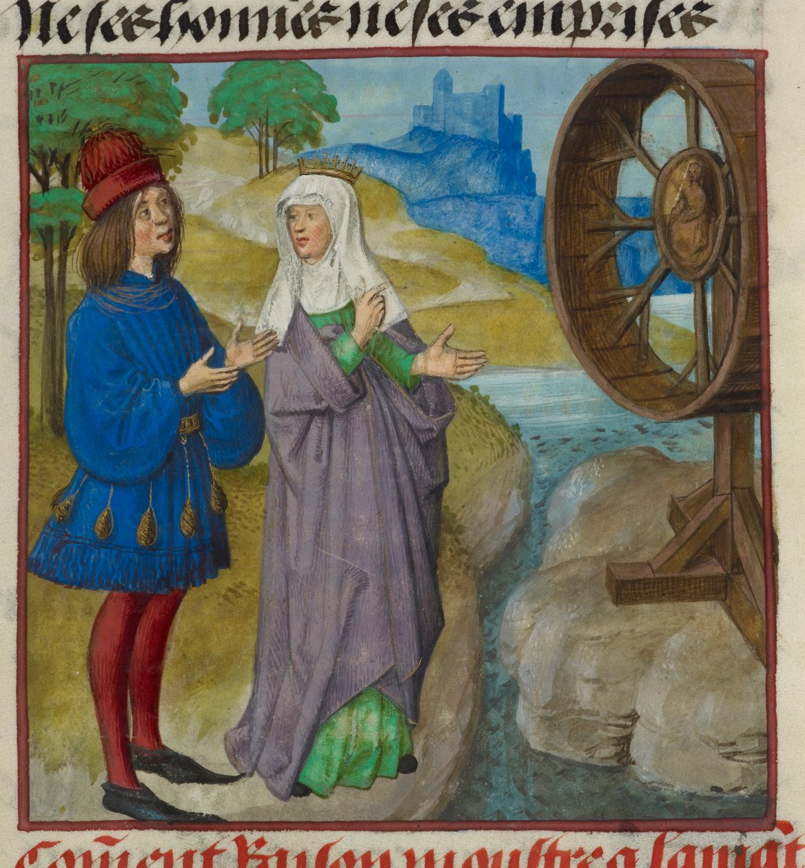 Részlet a Raison (Reason) miniatúrájáról, amely a Szerencsekeréket mutatja a szeretőnek, a „Le Roman de la Rose”-ból alkotó: Unknown artist