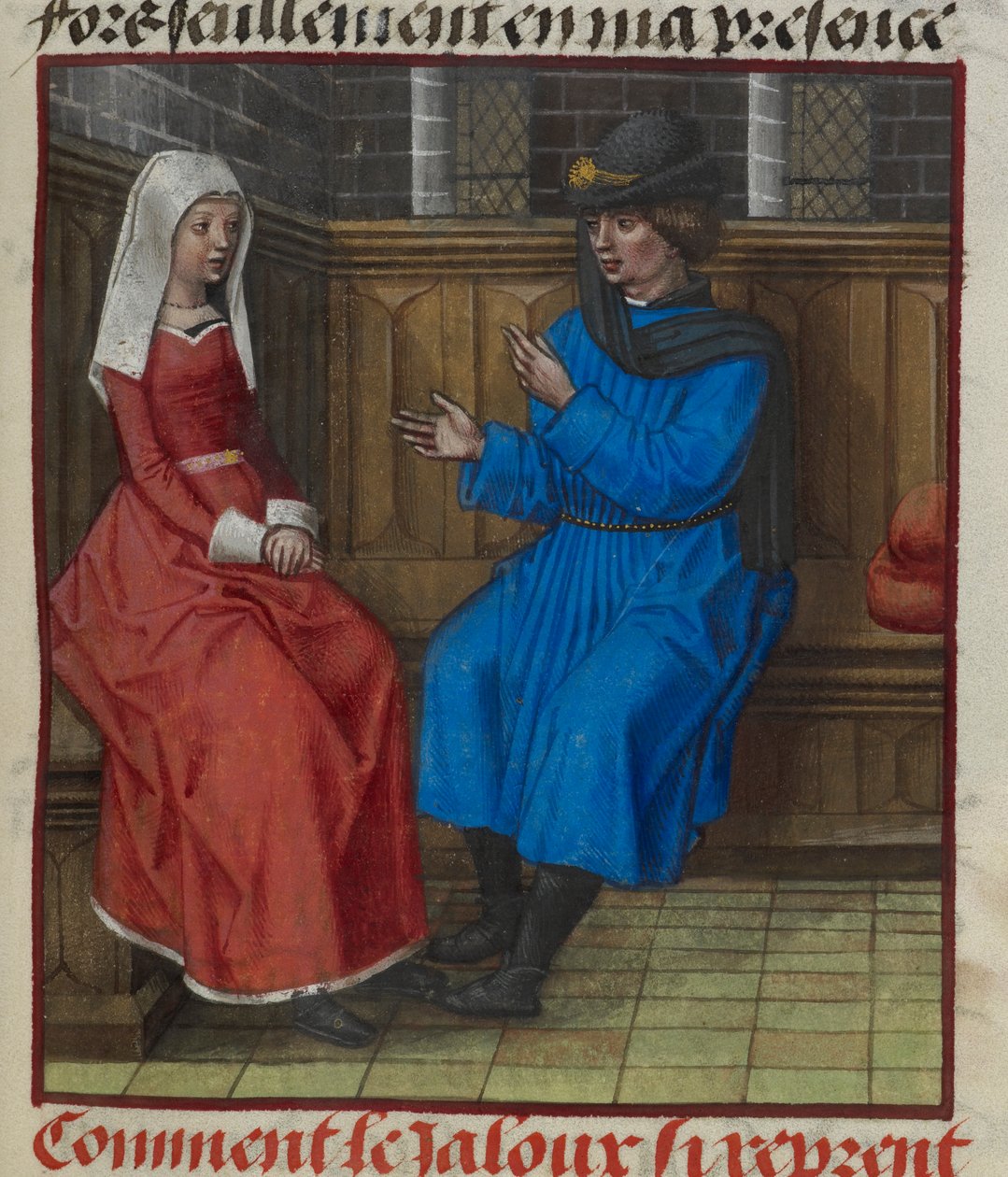 Részlet egy miniatűr féltékeny férfiról és feleségéről ülve, a „Le Roman de la Rose”-ból alkotó: Unknown artist
