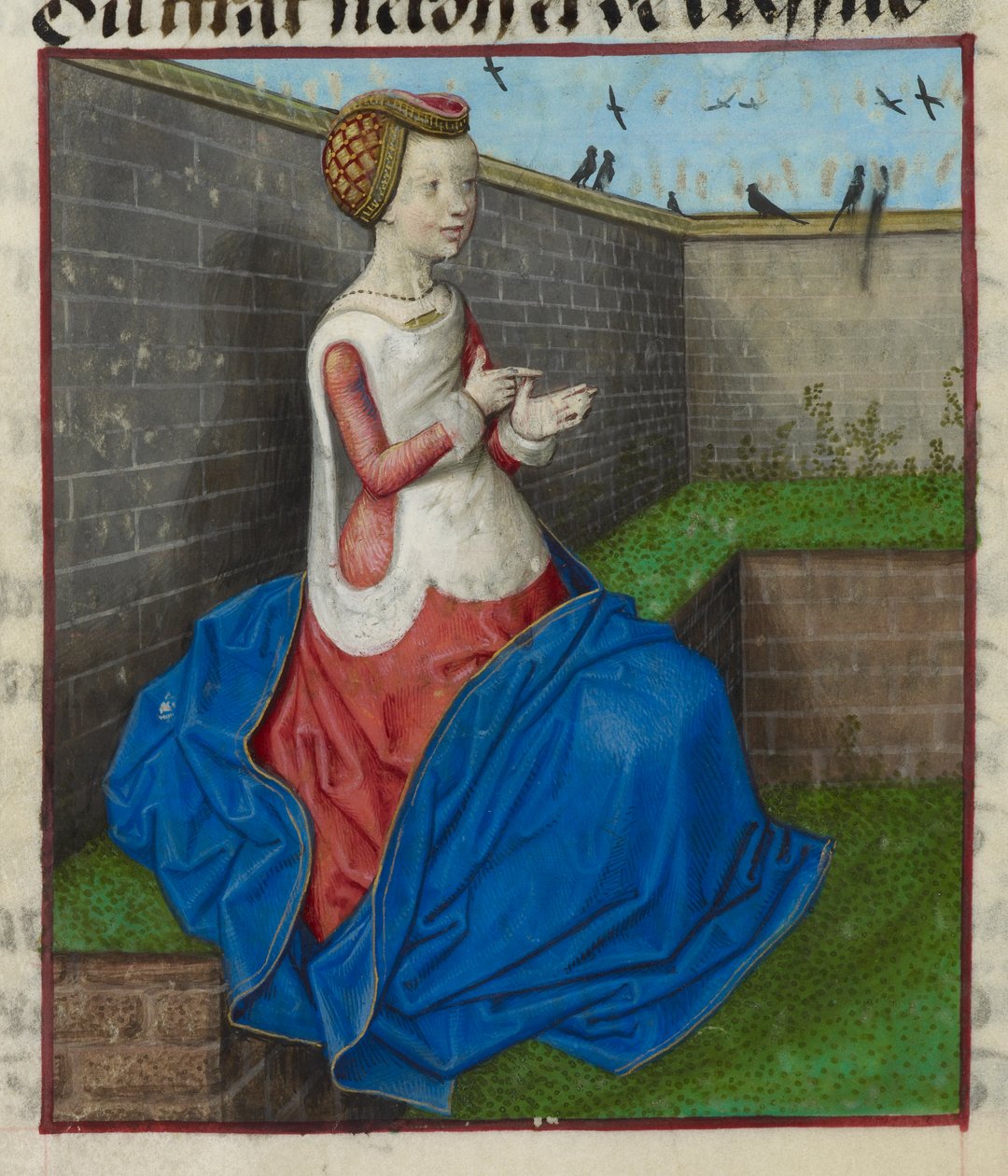 Egy fallal körülvett kertben ülő nő miniatűr részlete, aki az ujjain számol, a „Le Roman de la Rose”-ból alkotó: Unknown artist