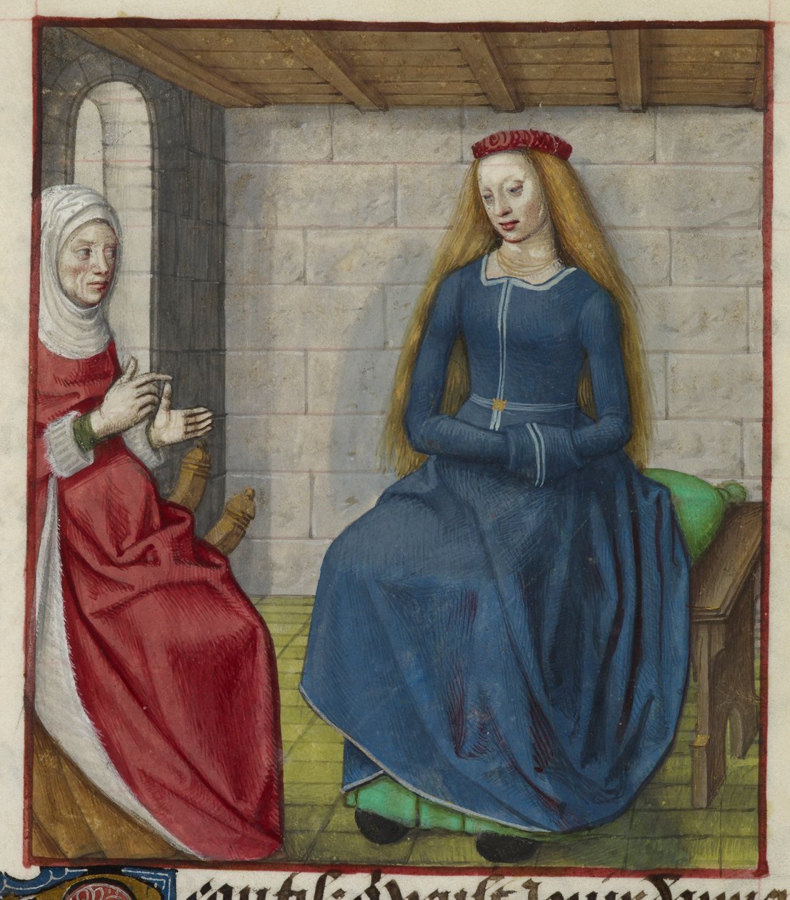 A la Vieille (a Duenna) és a Bel Accueil (tisztességes üdvözlet) miniatűr részlete a „Le Roman de la Rose”-ból alkotó: Unknown artist