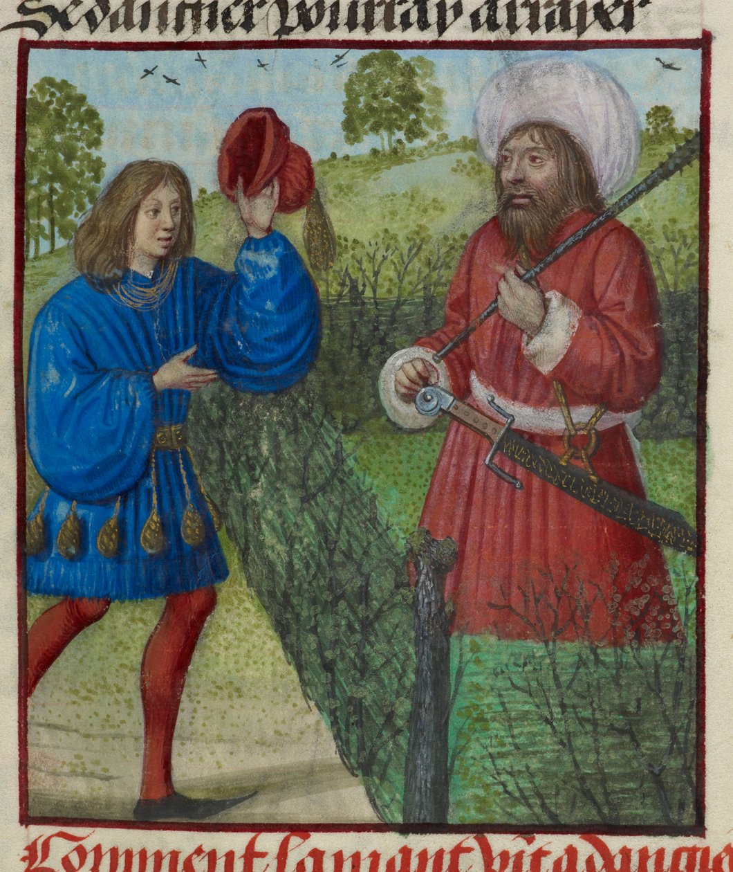 Részlet a Veszélyt köszöntő szerető miniatúrájáról, a „Le Roman de la Rose”-ból alkotó: Unknown artist