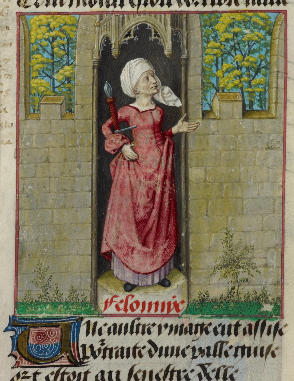 Részlet Feloniye allegorikus alakjának miniatúrájáról, a fólió első oszlopában, a „Le Roman de la Rose”-ból alkotó: Unknown artist