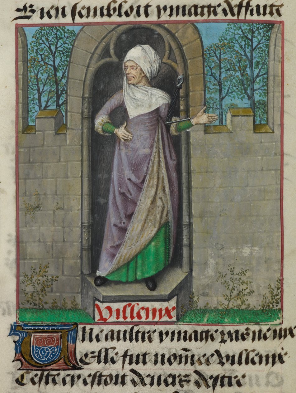 Részlet Vilenie (Villainy) allegorikus alakjának miniatúrájáról a fólió második oszlopában, a „Le Roman de la Rose”-ból alkotó: Unknown artist