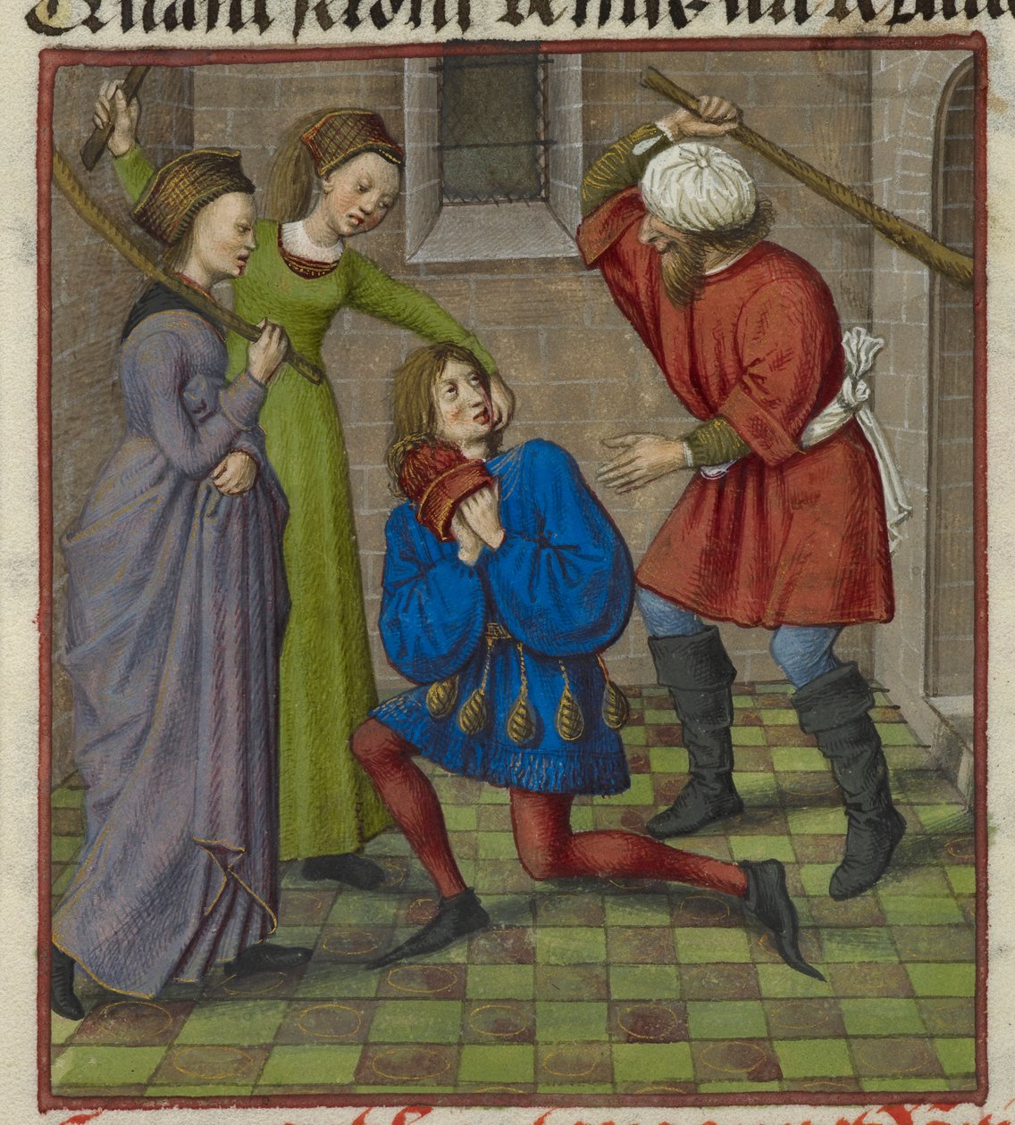 Részlet egy miniatűrről, amelyen Honte, Peur és a Danger megtámadja a szeretőt, a „Le Roman de la Rose” című filmből alkotó: Unknown artist