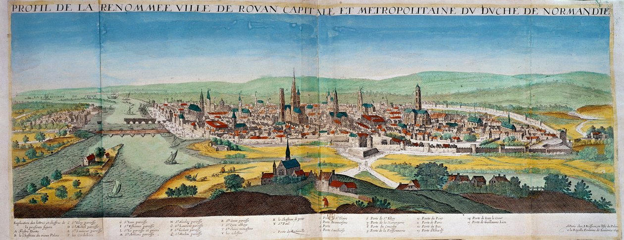 Részletes kilátás Rouen városára Normandiában. Metszet a 17. századból. Paris B.N. alkotó: Unknown artist