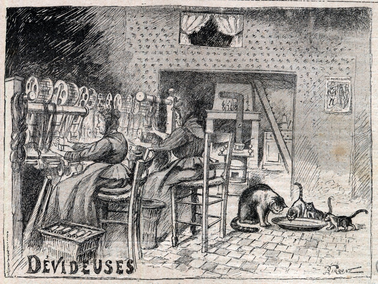 Devideuses - Atelier de Canut - egy lyoni selyemszövő műhely belseje, 1895-ös „Le Progres illustrious” metszet alkotó: Unknown artist