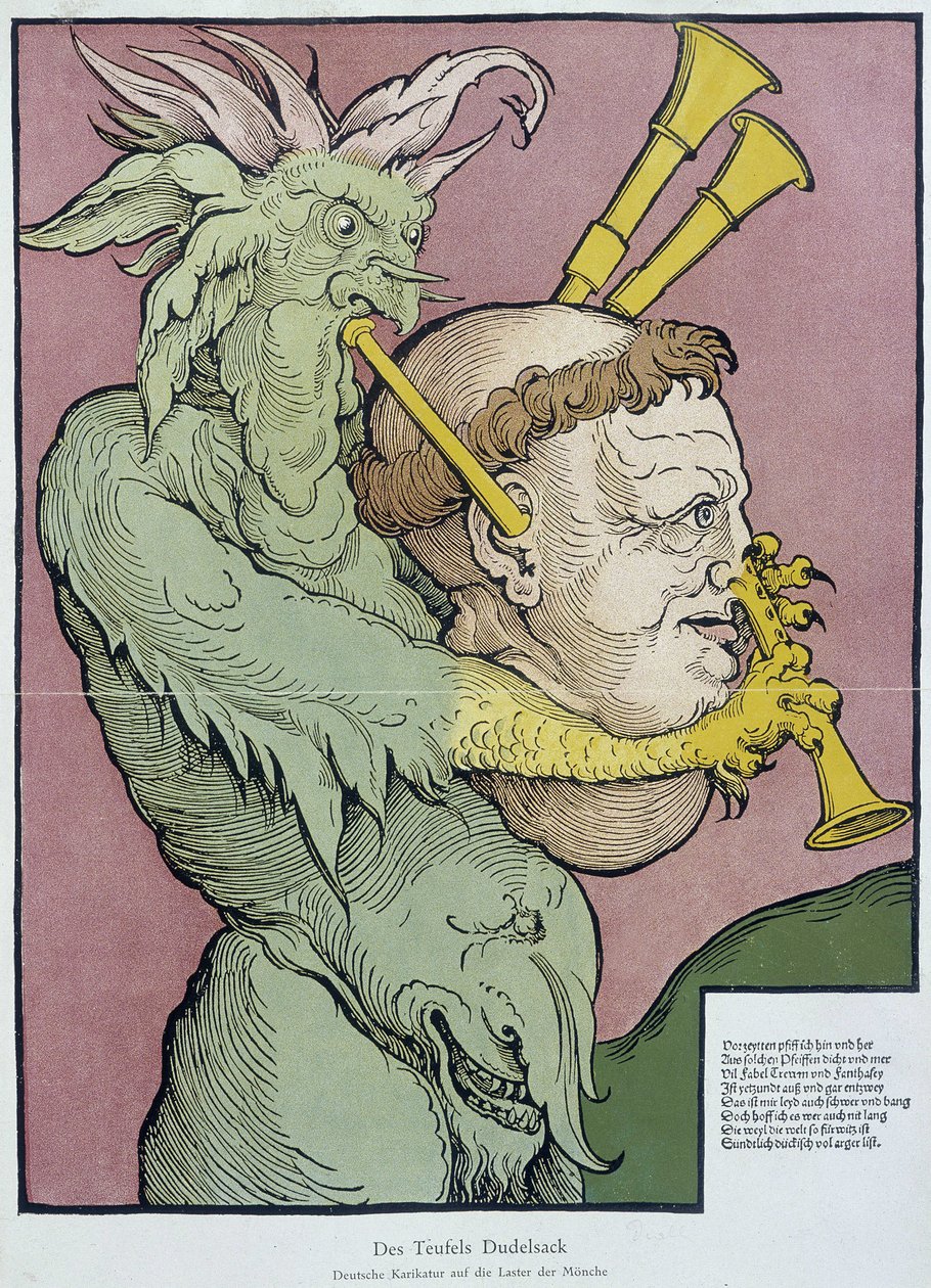 Ördög dudázik egy szerzetesfejjel - metszet alkotó: Unknown artist