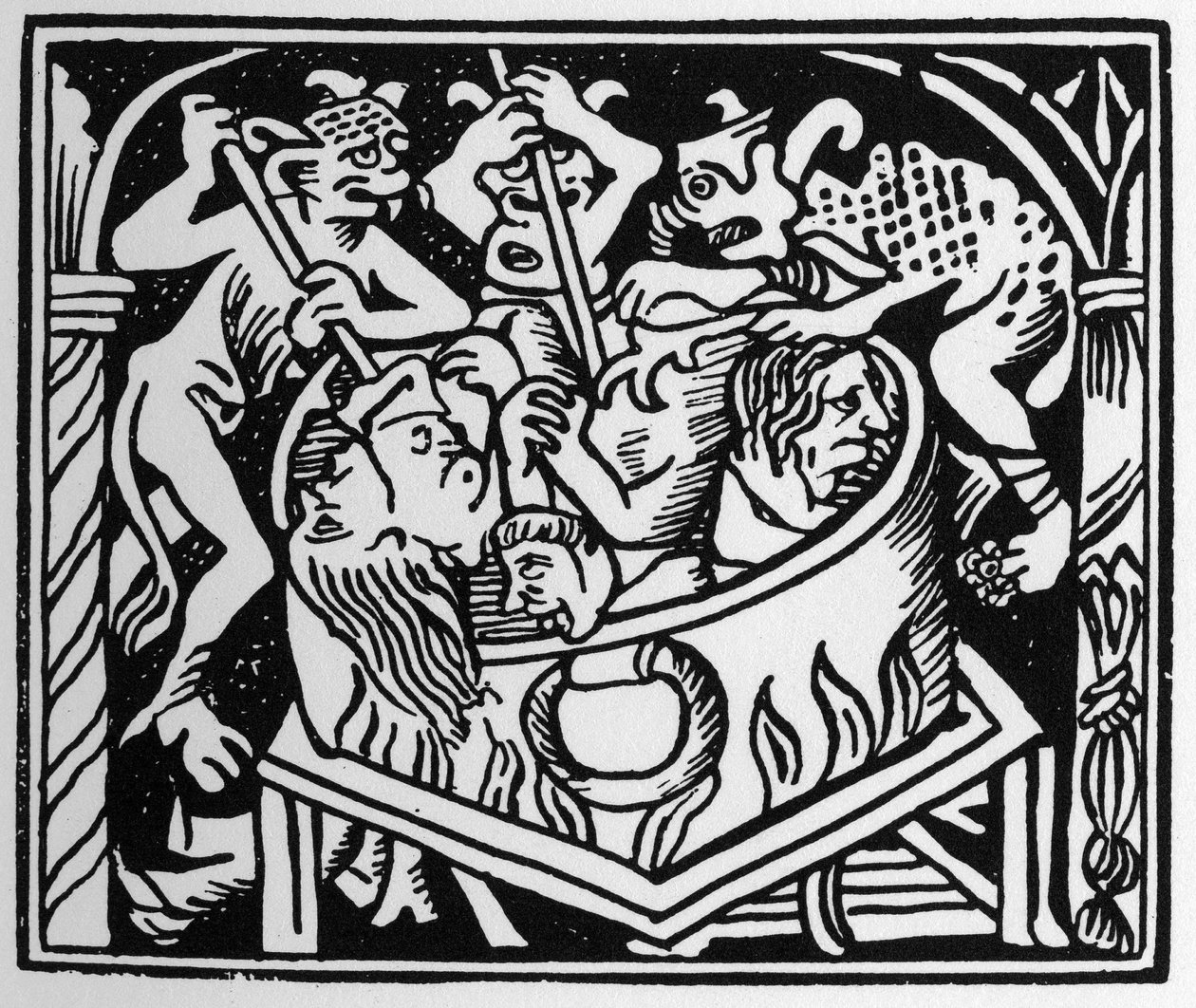 Az ördögök kínozzák a buja élőhelyet a tűz és kén kútjában – a „” Grand Calendrier et Compost des Bergers”-ben, Lyon alkotó: Unknown artist