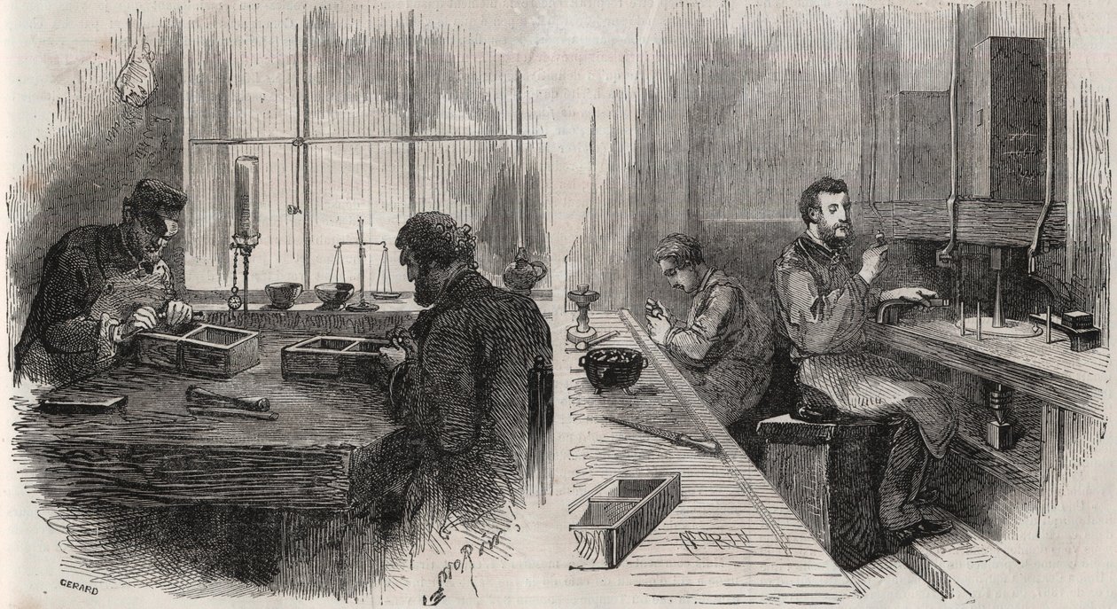Gyémántvágás egy hollandiai műhelyben: hasítók és polírozók - Gravírozás „” Le Monde Illustré”” alkotó: Unknown artist