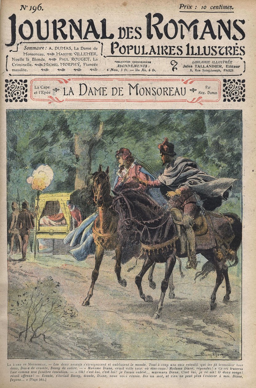 Diane-t a férje hívta, miközben lóháton lovagolt szerelmével, Bussyval. Alexandre Dumas "" La Dame de Monsoreau" című regényének illusztrációja. A "" Journal of Illustrated Popular Novels "-ban. alkotó: Unknown artist