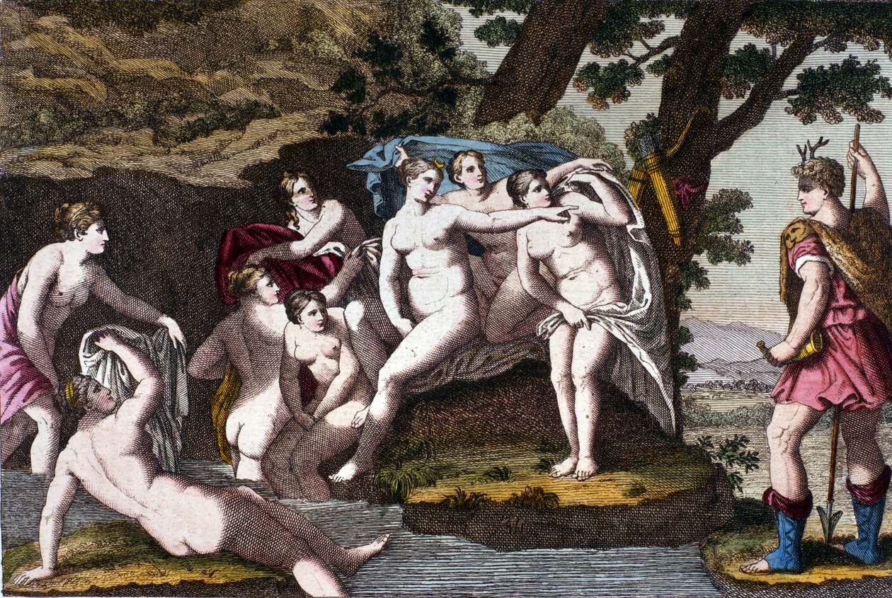 Diane-t elkapta a fürdőben a vadász, Acteon. Metszet a „” Dizionario mitologico””” 19. századból alkotó: Unknown artist