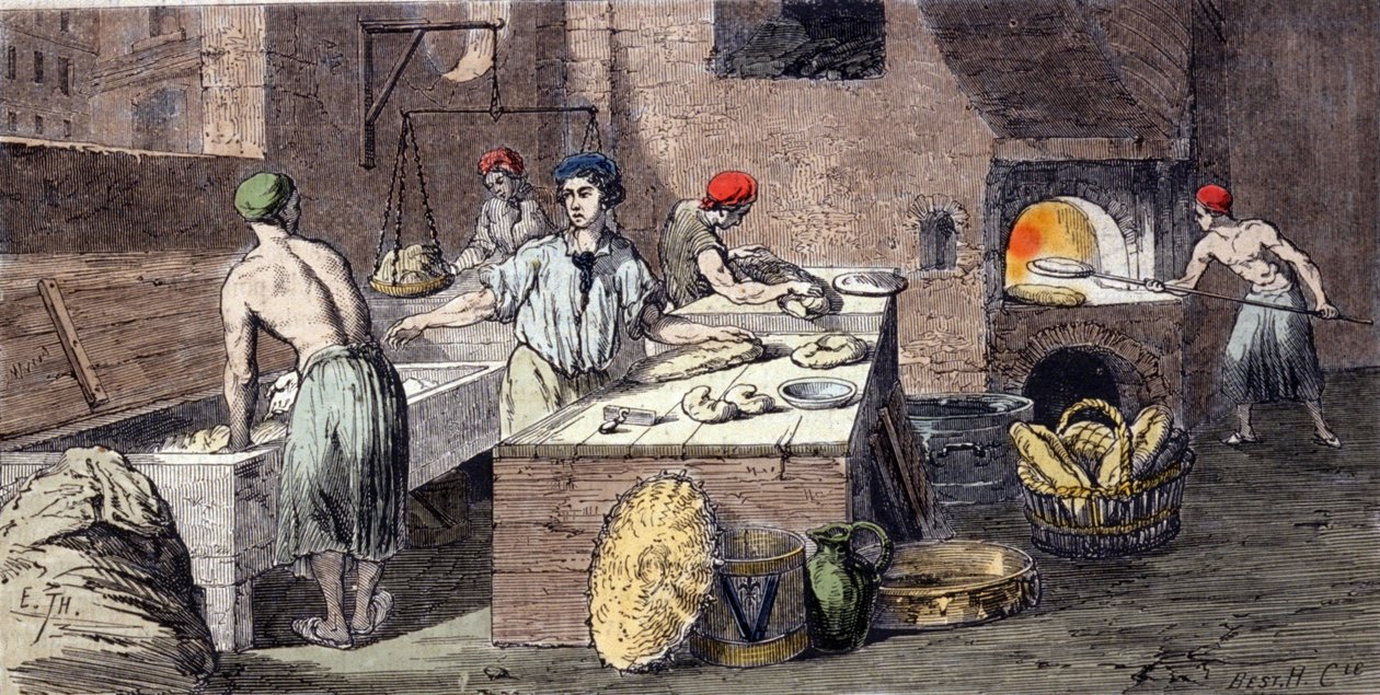 A pékek különböző tevékenységei: kenyértészta simítása, cipók készítése, sütés. századi metszet alkotó: Unknown artist