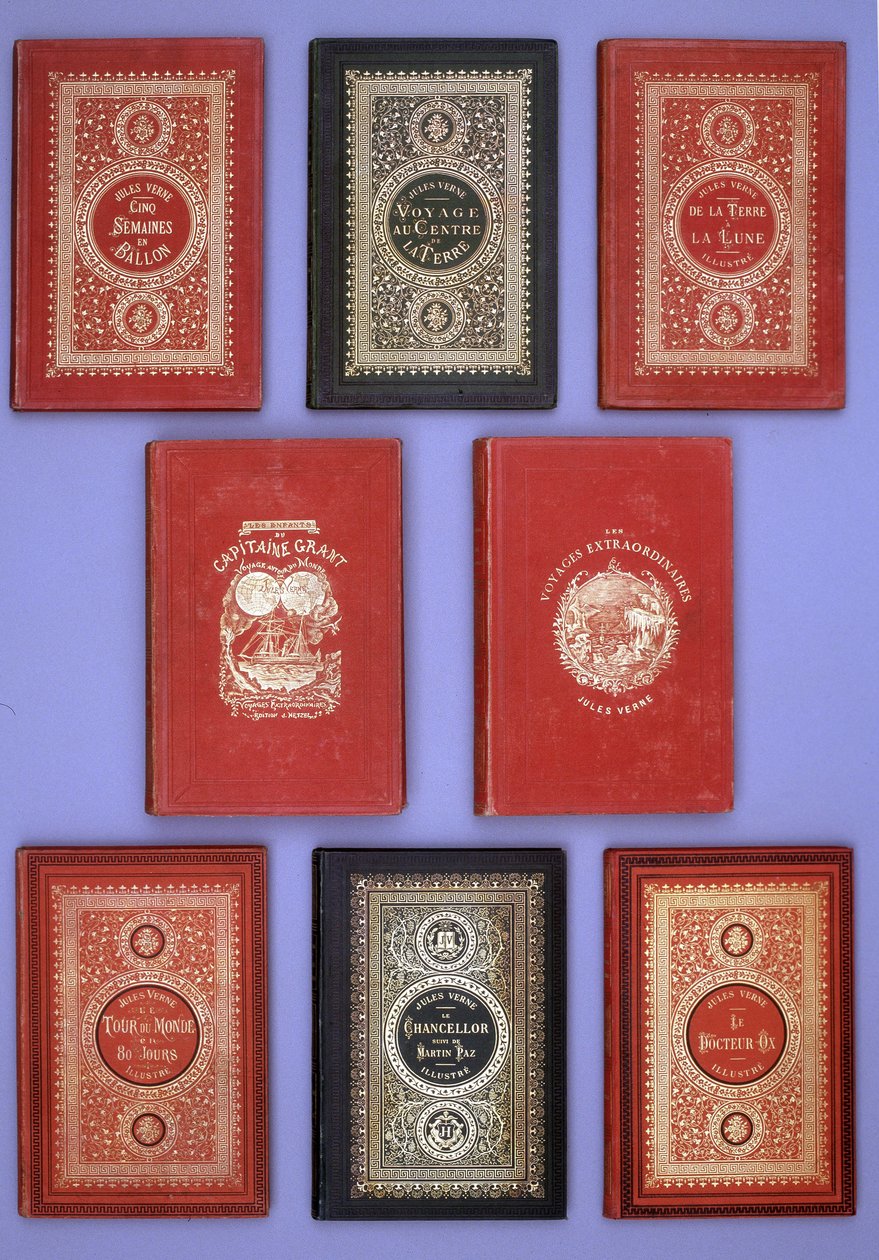 Jules Verne Hetzel kiadásban megjelent könyveinek különböző borítói. Verne könyvtári gyűjtemény. Párizs. alkotó: Unknown artist