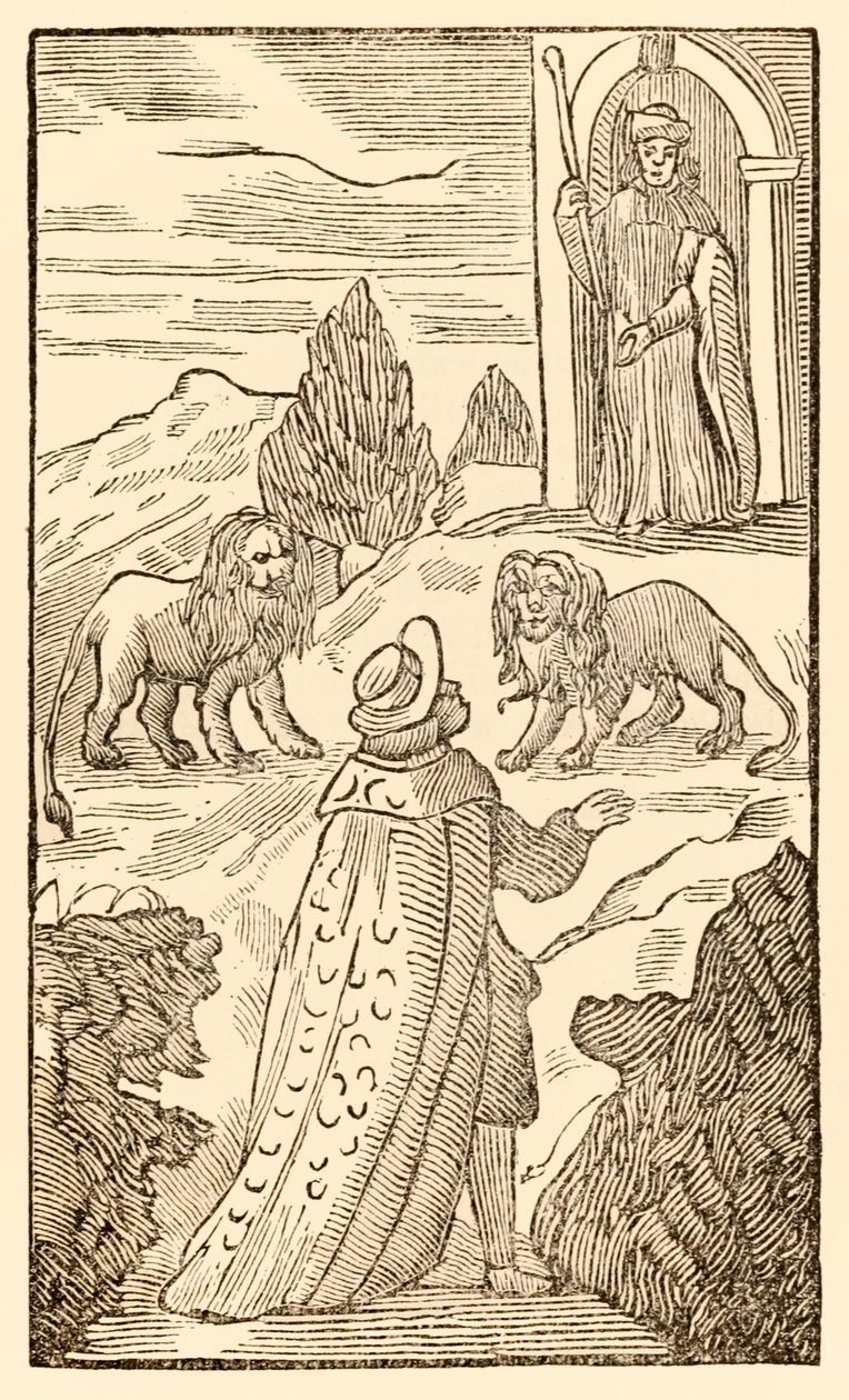 A nehézség a háta mögött van, a félelem előtte A zarándokok előrehaladása ebből a világból, az eljövendőbe (John Bunyan (1628-1688)) Christian átmegy az oroszlánok között, miközben éberen néz a portás alkotó: Unknown