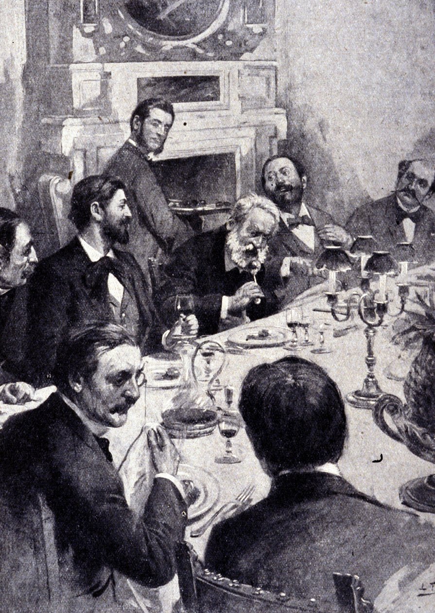 Az asztalnál vacsorázik Victor Hugo Jean Mounet Sully-val (Mounet-Sully) (1841-1916), francia színésszel. századi metszet. alkotó: Unknown artist
