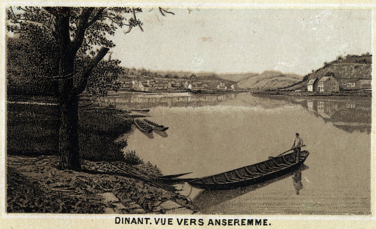 Vacsora, kilátás Anseremme felé és a Lesse folyóra, Belgium Vallon régiójában. A 19. század végének kromolitográfiája. alkotó: Unknown artist