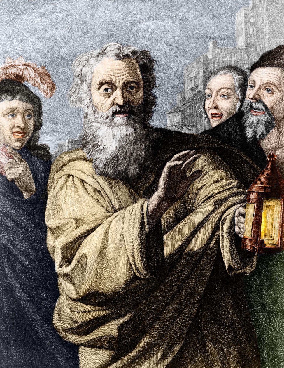 Diogenész (cinikus filozófus) és lámpása, amellyel becsületes embert keresett. 19. századi metszet. alkotó: Unknown artist